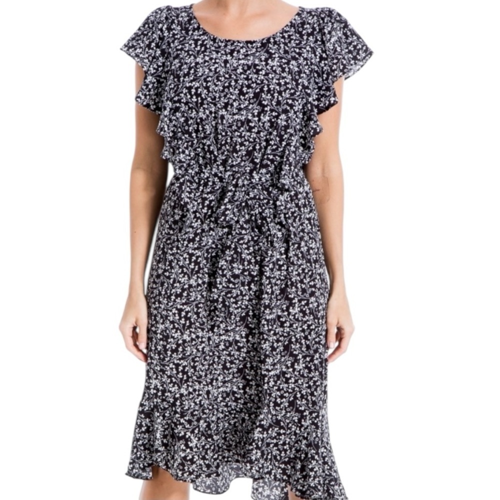Max Studio Floral Short Sleeve Ruffled Midi Dress Size 1X Ditsy Floral Cottage